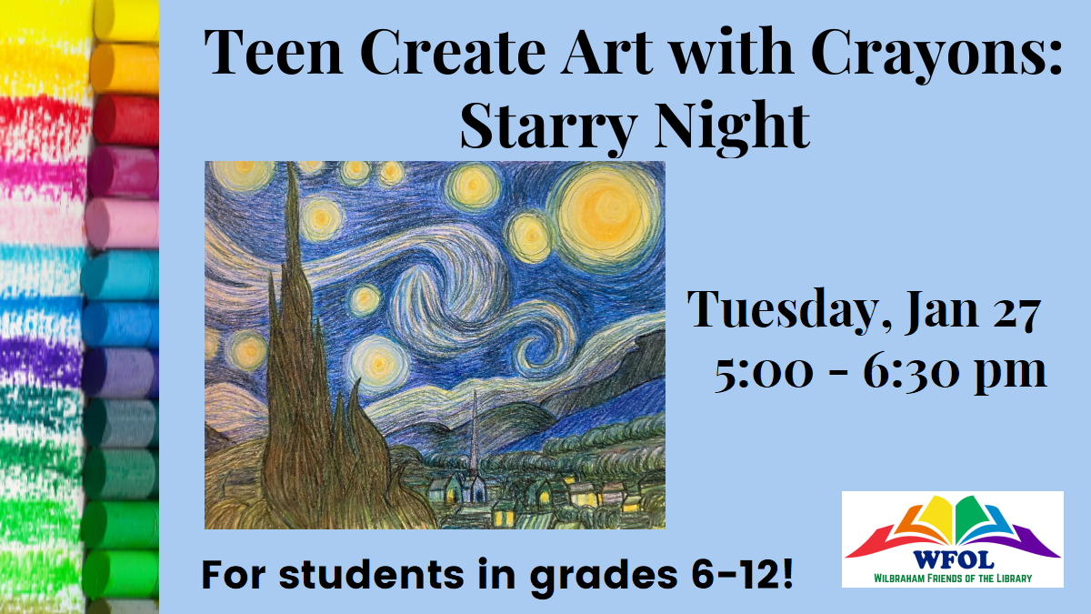 van gogh's starry night image with crayons and event info