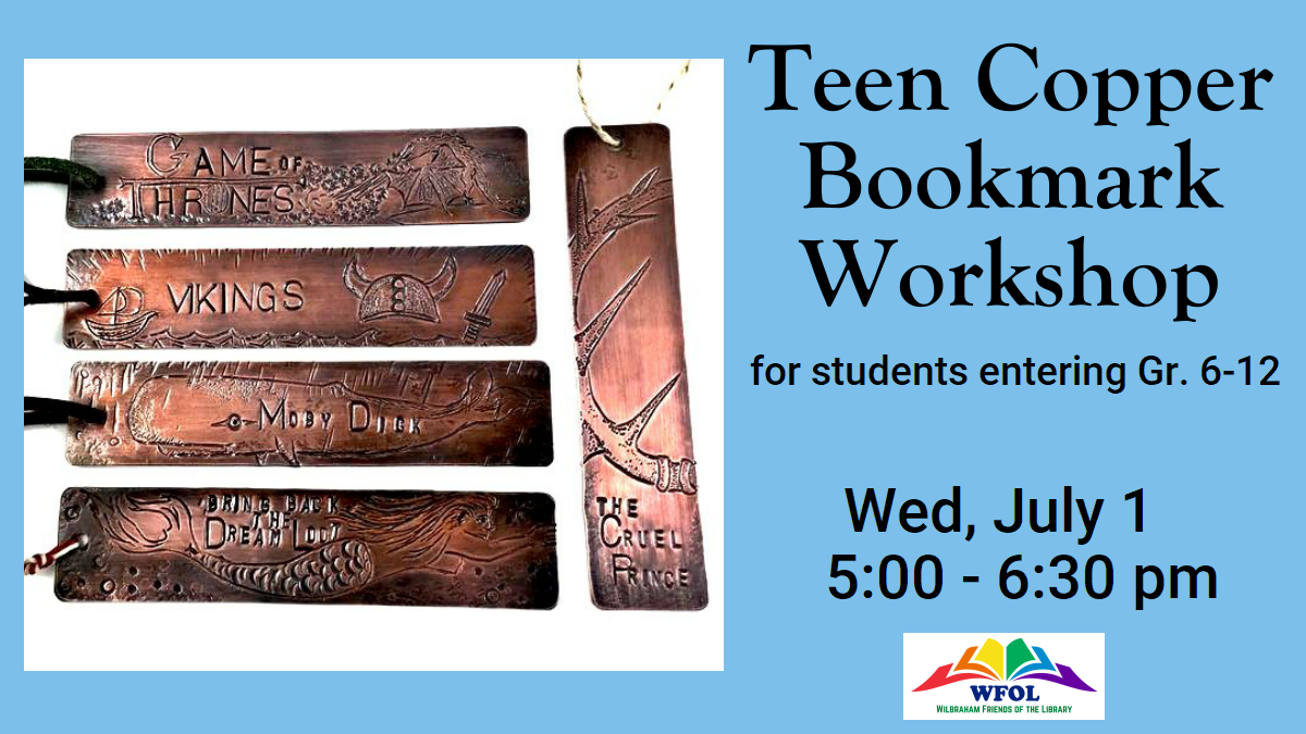 image of copper bookmarks with book titles and images stamped on them