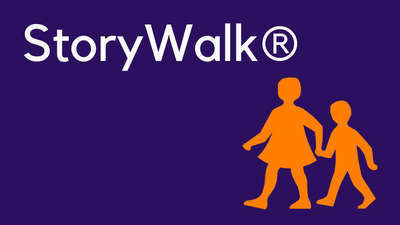 Image of purple background with yellow silhouettes of two children and the text "StoryWalk"
